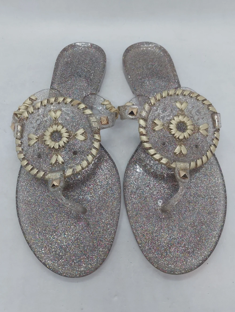 Jack Rogers Gold Flip Flop Sandals Metallic Jelly Sparkles Flat Slip On 8